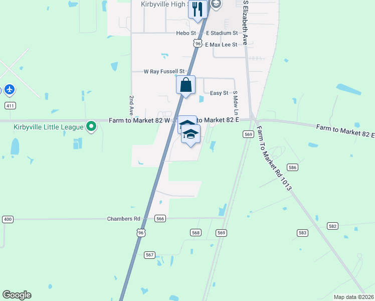 map of restaurants, bars, coffee shops, grocery stores, and more near 2100 South Margaret Avenue in Kirbyville
