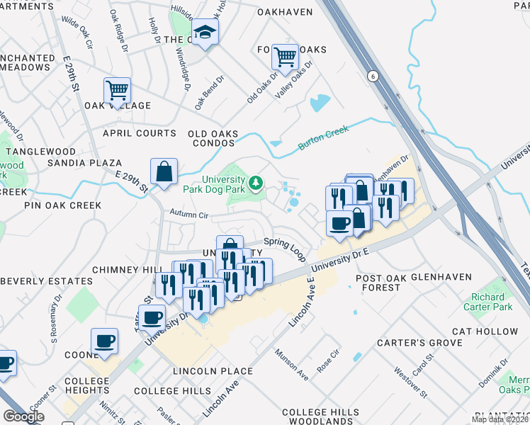 map of restaurants, bars, coffee shops, grocery stores, and more near 401 Park Place in College Station