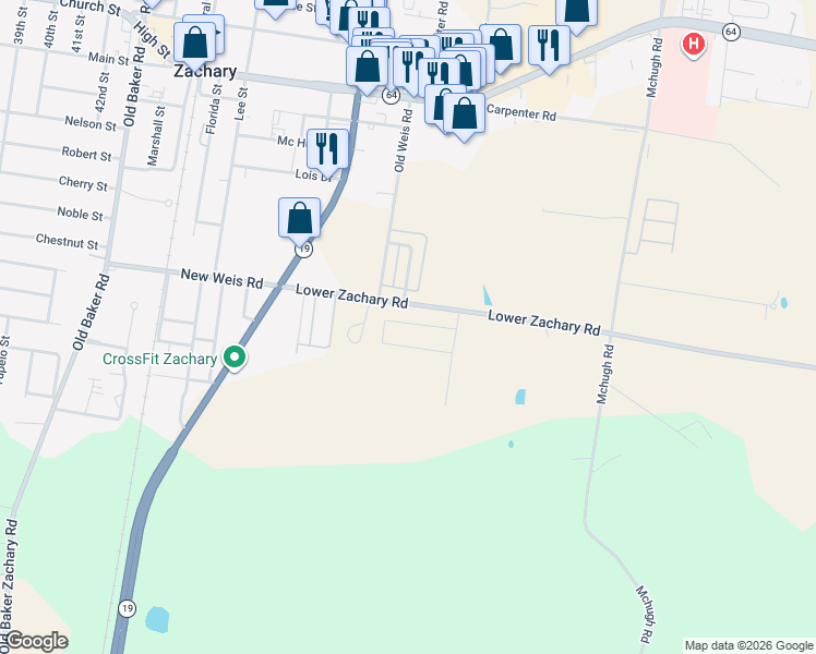 map of restaurants, bars, coffee shops, grocery stores, and more near 3819 Stoneybrook Street in Zachary