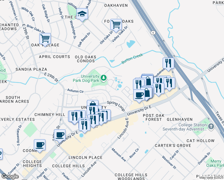 map of restaurants, bars, coffee shops, grocery stores, and more near 1206 Vinyard Court in College Station