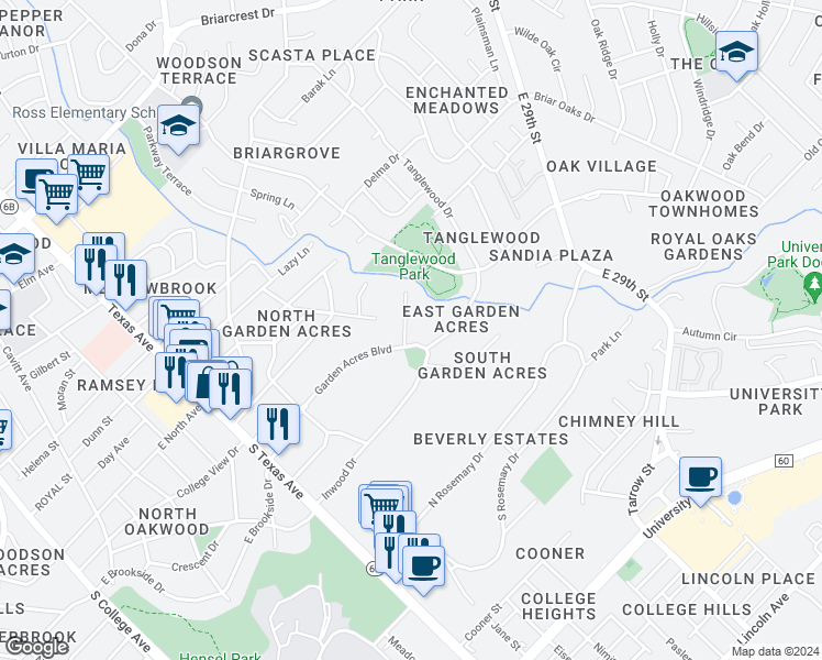 map of restaurants, bars, coffee shops, grocery stores, and more near 903 Stanfield Circle in Bryan