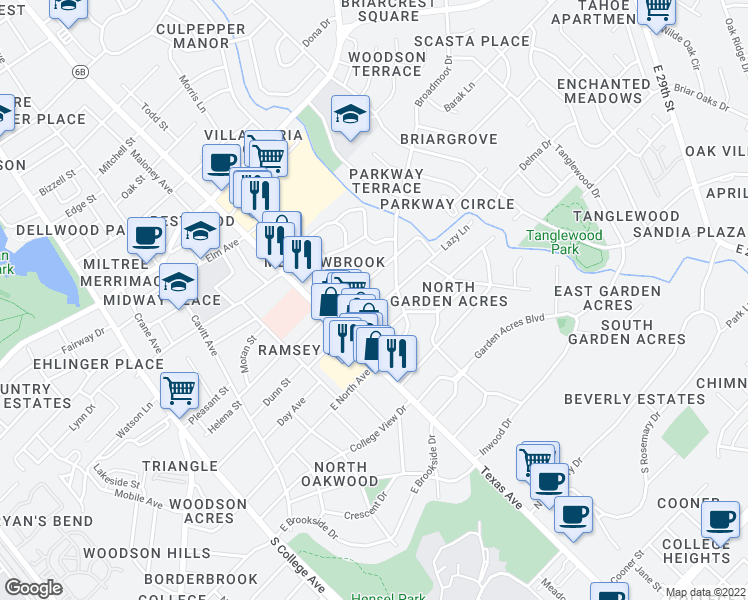 map of restaurants, bars, coffee shops, grocery stores, and more near 724 Lazy Lane in Bryan