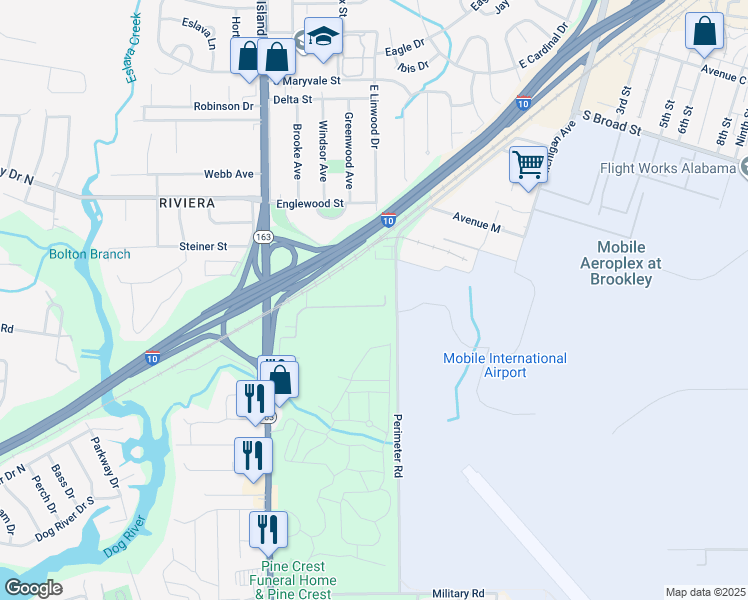 map of restaurants, bars, coffee shops, grocery stores, and more near 1601 Neshota Drive in Mobile