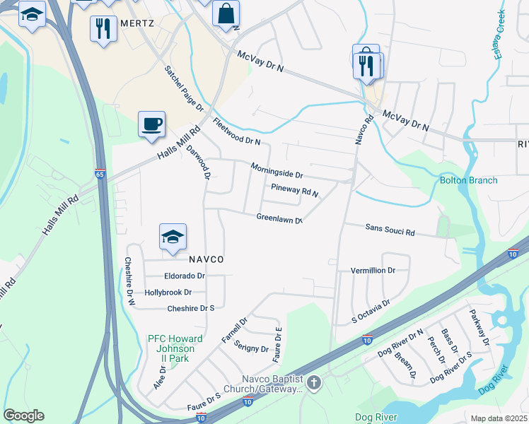map of restaurants, bars, coffee shops, grocery stores, and more near 1563 Fleetwood Drive East in Mobile