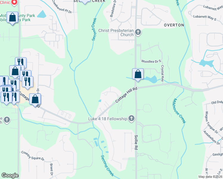 map of restaurants, bars, coffee shops, grocery stores, and more near 7250 Ridgetop Drive in Mobile