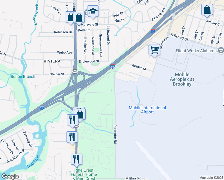 map of restaurants, bars, coffee shops, grocery stores, and more near 1601 Neshota Drive in Mobile