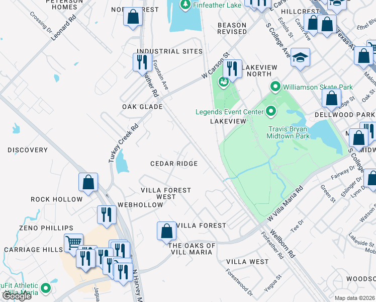 map of restaurants, bars, coffee shops, grocery stores, and more near 725 Peppertree Drive in Bryan