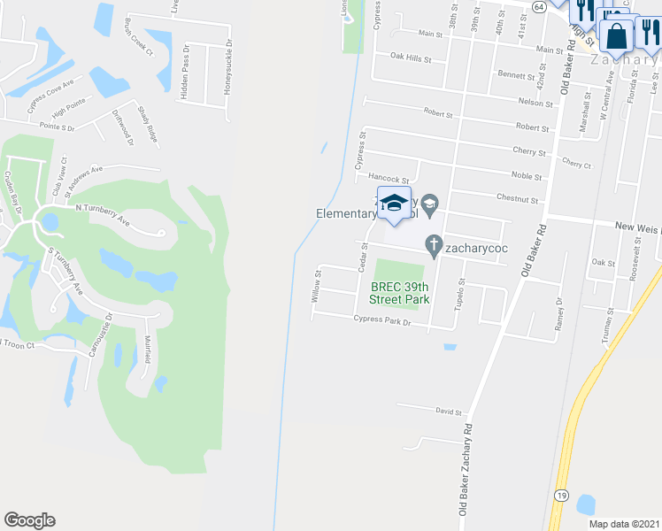 map of restaurants, bars, coffee shops, grocery stores, and more near 3475 Magnolia Avenue in Zachary