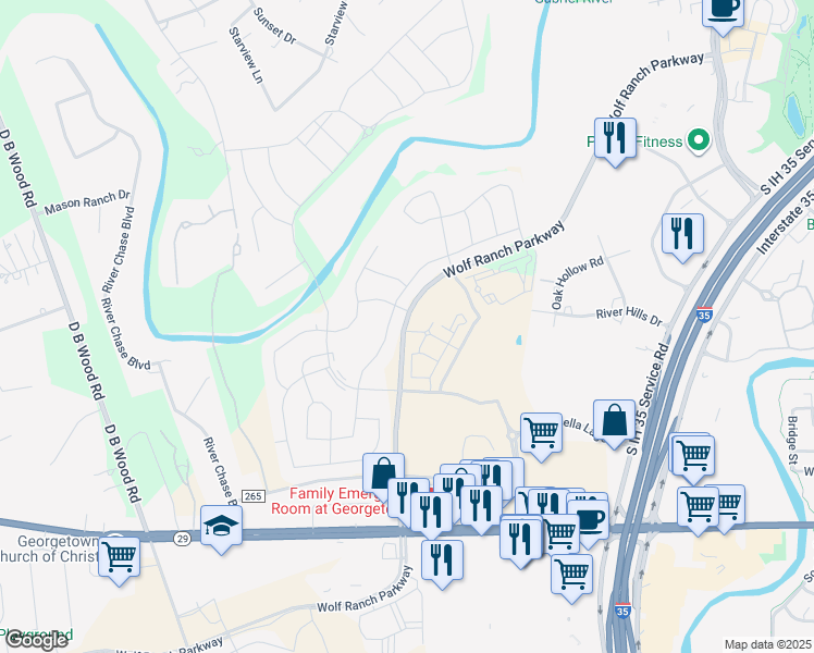map of restaurants, bars, coffee shops, grocery stores, and more near 1701 Wolf Ranch Parkway in Georgetown
