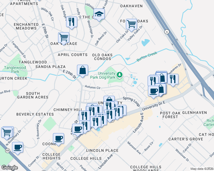 map of restaurants, bars, coffee shops, grocery stores, and more near 1011 Autumn Circle in College Station