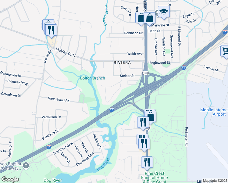 map of restaurants, bars, coffee shops, grocery stores, and more near 1566 East Martin Drive in Mobile