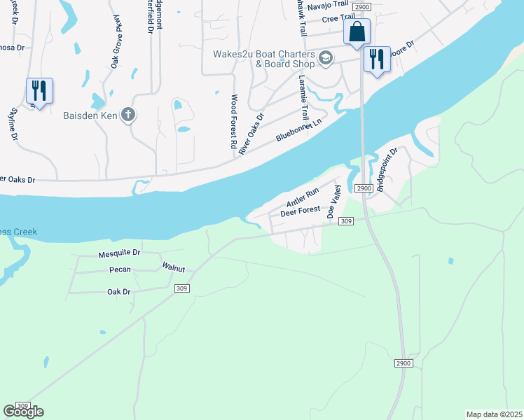 map of restaurants, bars, coffee shops, grocery stores, and more near 213 Antler Run in Kingsland