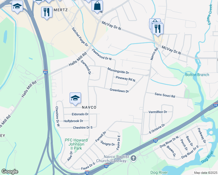 map of restaurants, bars, coffee shops, grocery stores, and more near 1564 Fleetwood Drive East in Mobile