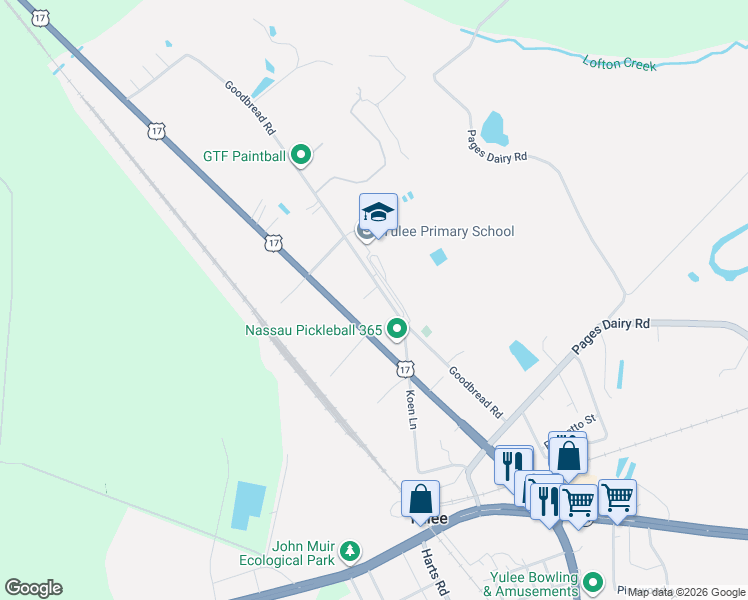 map of restaurants, bars, coffee shops, grocery stores, and more near 86341 Goodbread Road in Yulee