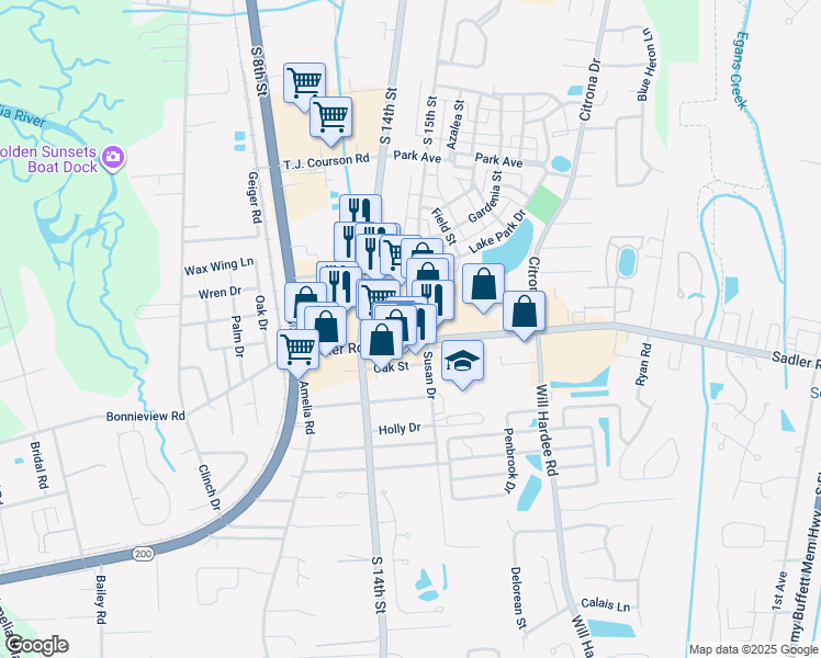 map of restaurants, bars, coffee shops, grocery stores, and more near 1453 Sadler Road in Fernandina Beach