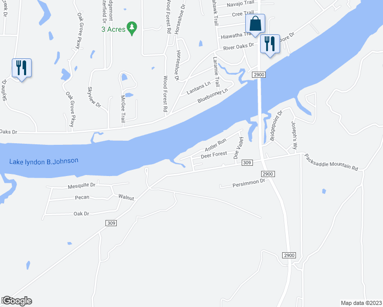 map of restaurants, bars, coffee shops, grocery stores, and more near 201 Antler Run in Kingsland