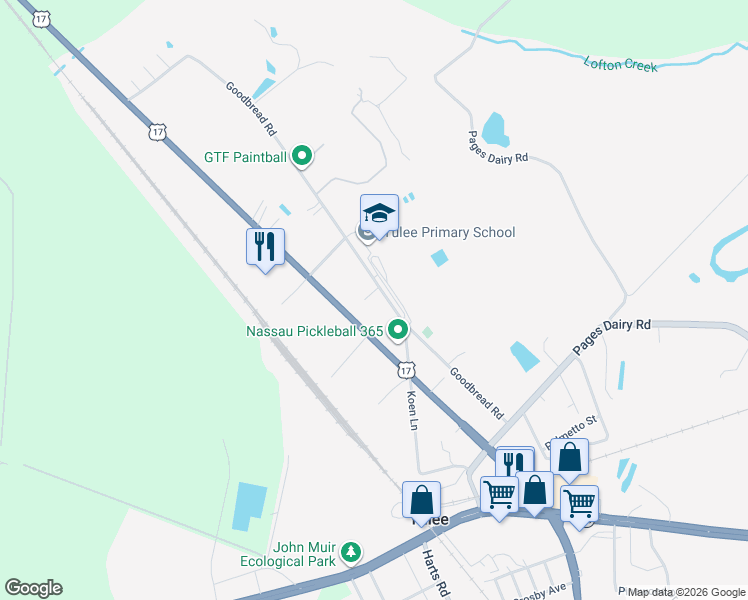 map of restaurants, bars, coffee shops, grocery stores, and more near 86359 Lewis Road in Yulee