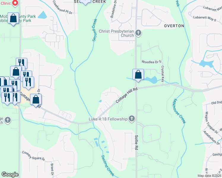 map of restaurants, bars, coffee shops, grocery stores, and more near 7250 Ridgetop Drive in Mobile