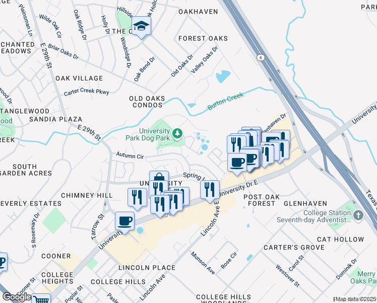 map of restaurants, bars, coffee shops, grocery stores, and more near 1205 Vinyard Court in College Station