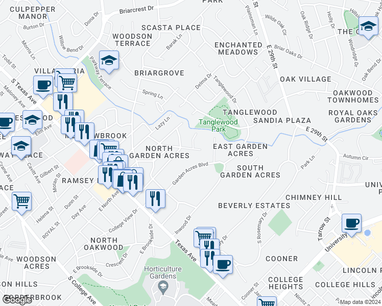 map of restaurants, bars, coffee shops, grocery stores, and more near 3908 Windowmere Street in Bryan