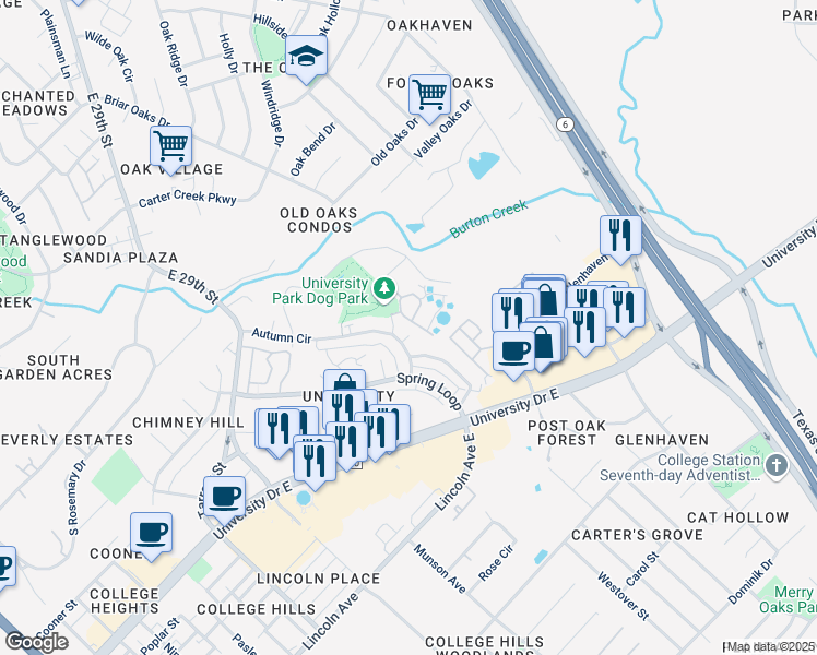 map of restaurants, bars, coffee shops, grocery stores, and more near 1205 Vinyard Court in College Station