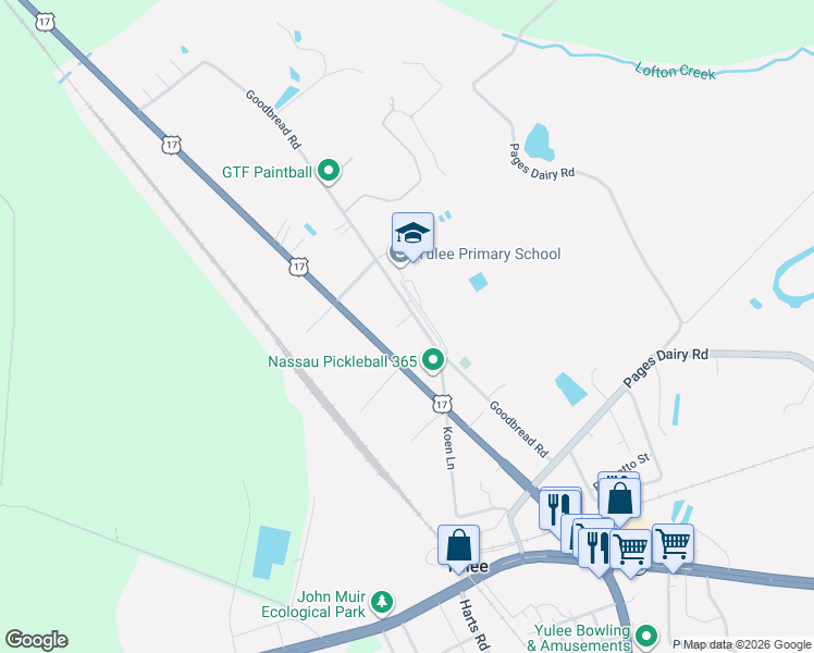map of restaurants, bars, coffee shops, grocery stores, and more near 86341 Goodbread Road in Yulee