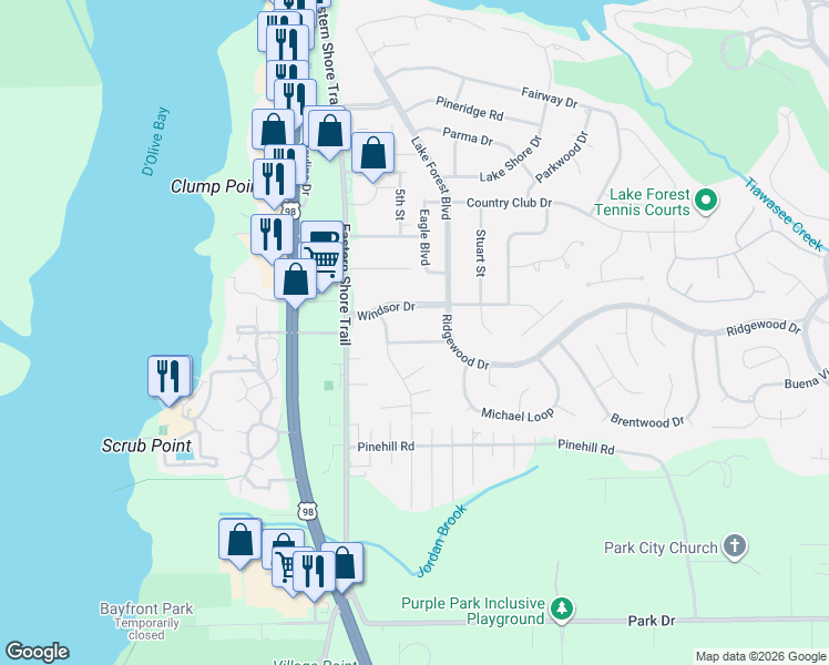 map of restaurants, bars, coffee shops, grocery stores, and more near 116-118 Windsor Drive in Daphne