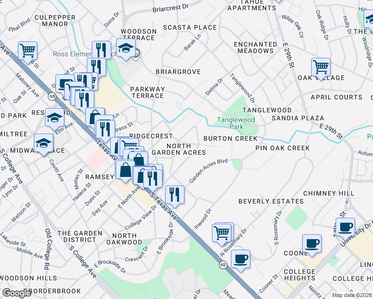 map of restaurants, bars, coffee shops, grocery stores, and more near 1005 Windowmere Street in Bryan