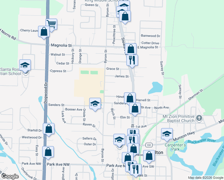 map of restaurants, bars, coffee shops, grocery stores, and more near 5668 Byrom Street in Milton