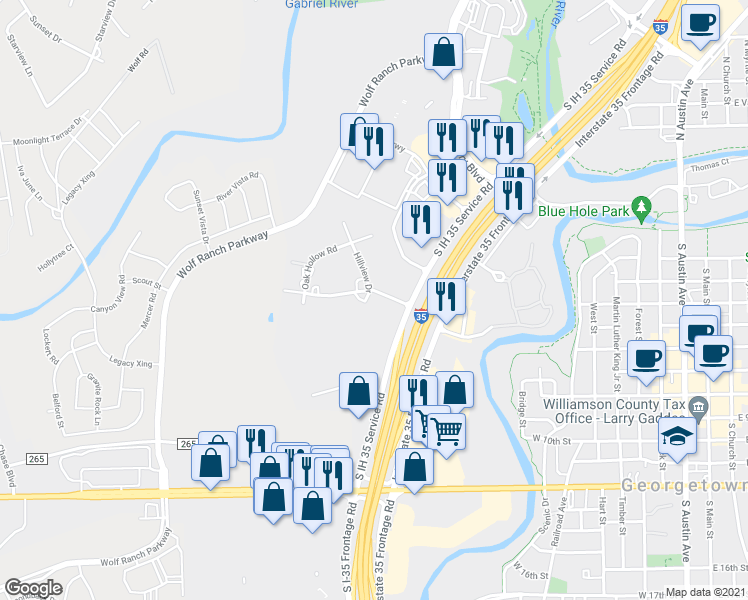 map of restaurants, bars, coffee shops, grocery stores, and more near 105 River Hills Drive in Georgetown