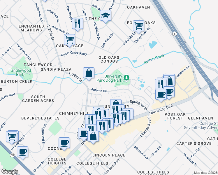 map of restaurants, bars, coffee shops, grocery stores, and more near 203 Winter Park in College Station