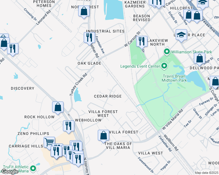 map of restaurants, bars, coffee shops, grocery stores, and more near 2701 Poplar Circle in Bryan