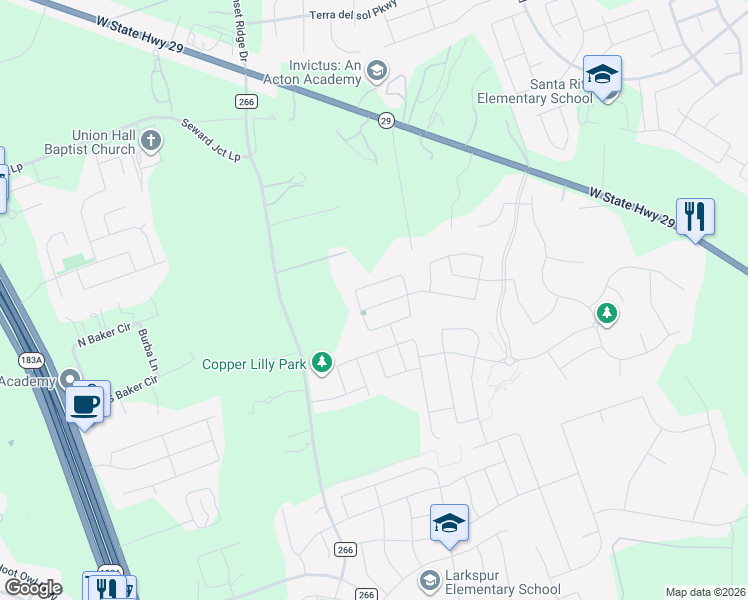 map of restaurants, bars, coffee shops, grocery stores, and more near 305 High Plains Pass in Georgetown