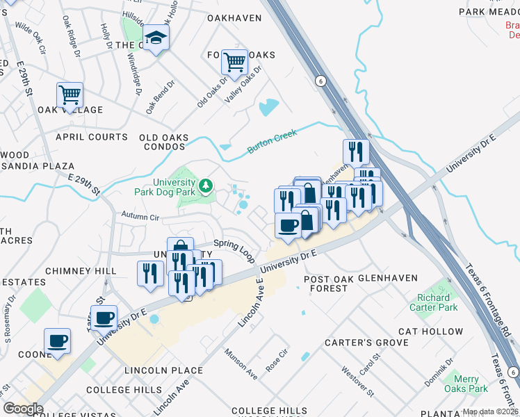 map of restaurants, bars, coffee shops, grocery stores, and more near 177 Forest Drive in College Station