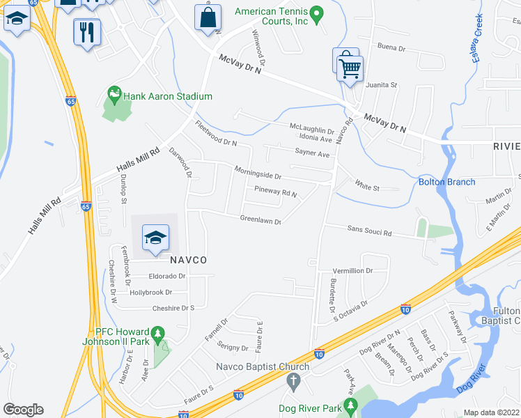 map of restaurants, bars, coffee shops, grocery stores, and more near 2513 Pineway Road South in Mobile