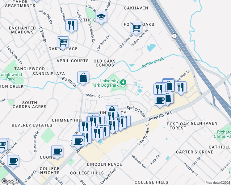 map of restaurants, bars, coffee shops, grocery stores, and more near 1011 Autumn Circle in College Station