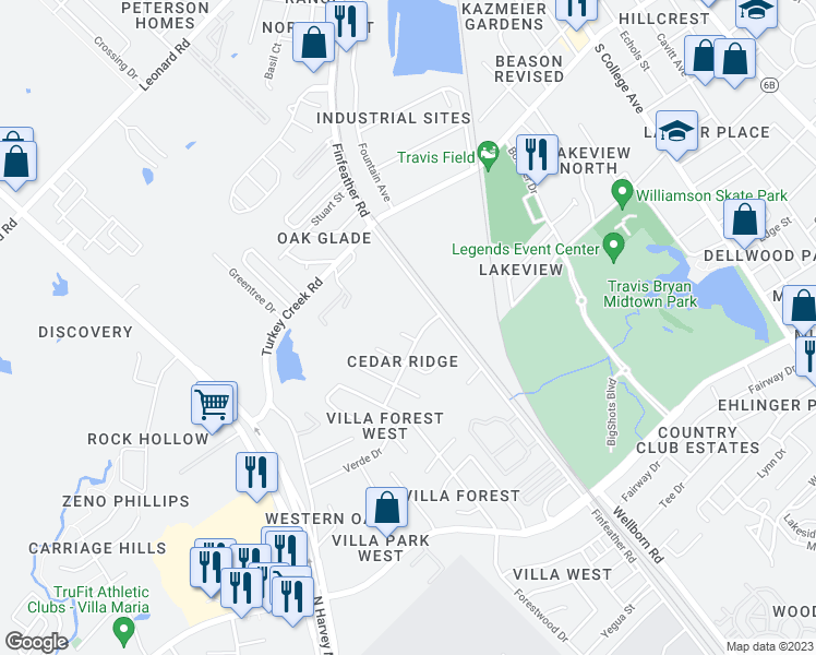 map of restaurants, bars, coffee shops, grocery stores, and more near 2703 Poplar Circle in Bryan