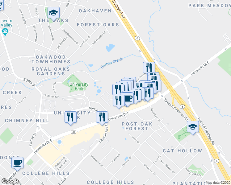 map of restaurants, bars, coffee shops, grocery stores, and more near 435 Forest Drive in College Station