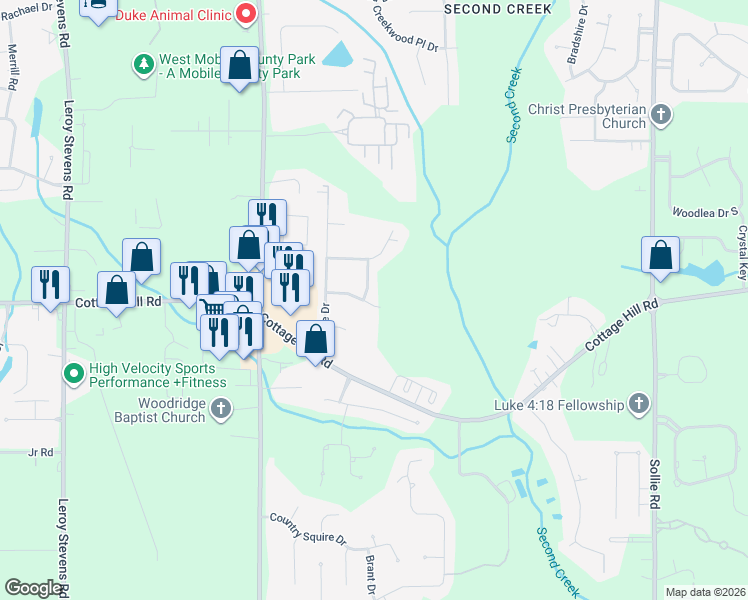 map of restaurants, bars, coffee shops, grocery stores, and more near 7598 Aspen Drive in Mobile