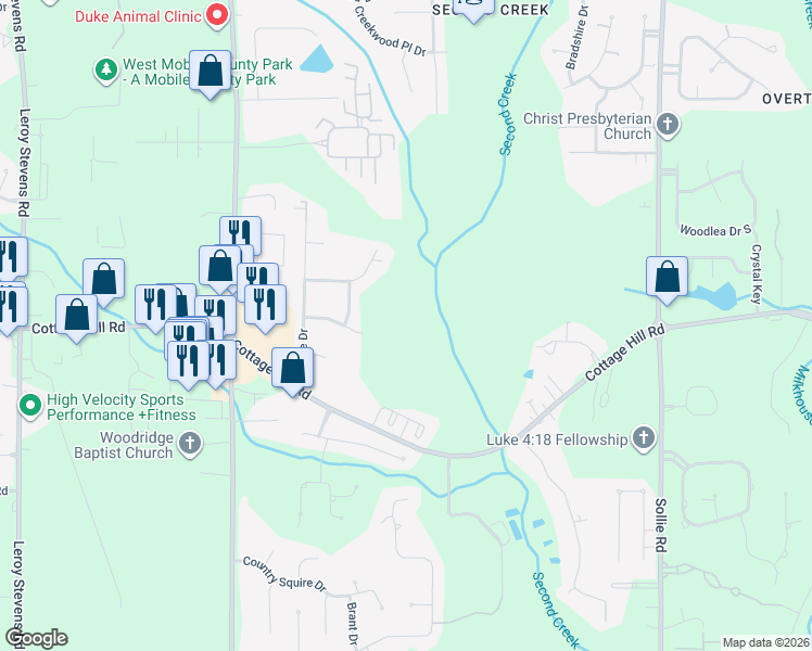 map of restaurants, bars, coffee shops, grocery stores, and more near 7598 Aspen Drive in Mobile