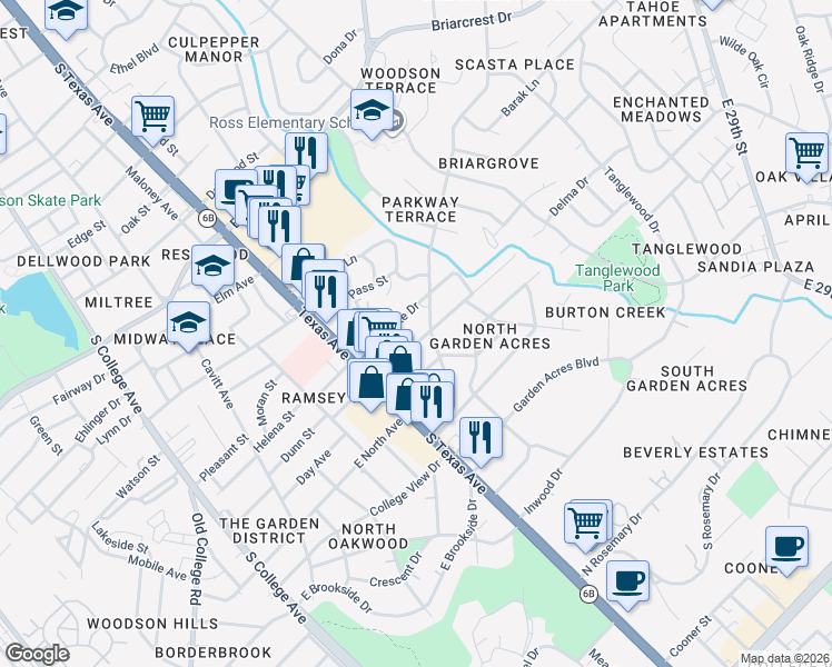 map of restaurants, bars, coffee shops, grocery stores, and more near 723 Mary Lake Drive in Bryan