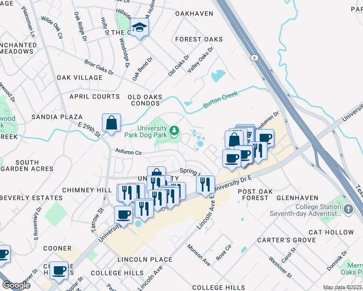 map of restaurants, bars, coffee shops, grocery stores, and more near 401 Park Place in College Station