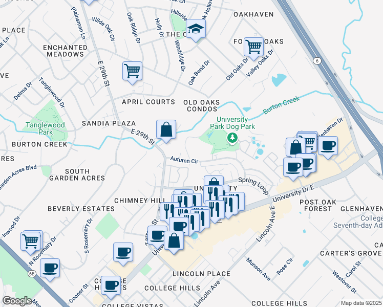 map of restaurants, bars, coffee shops, grocery stores, and more near 203 Winter Park in College Station