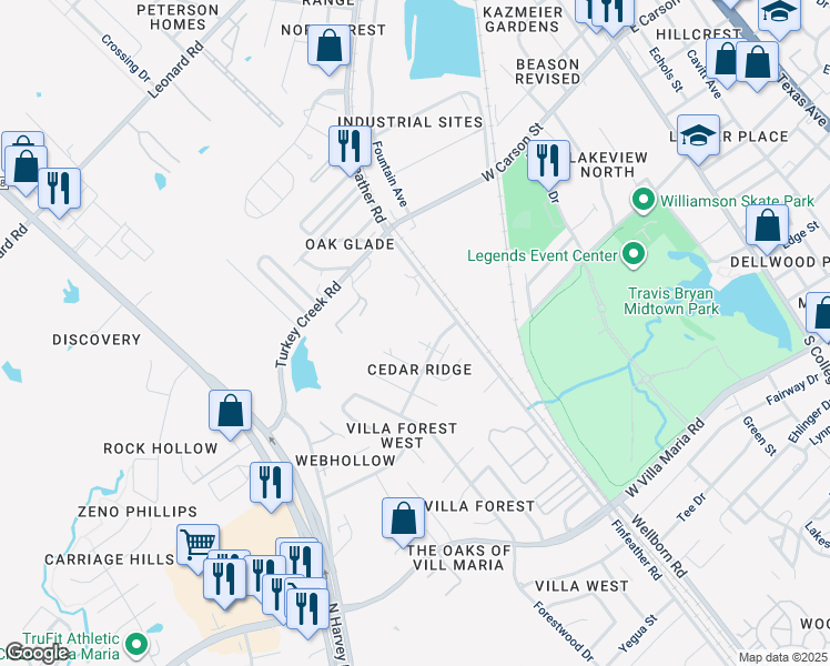 map of restaurants, bars, coffee shops, grocery stores, and more near 2701 Poplar Circle in Bryan