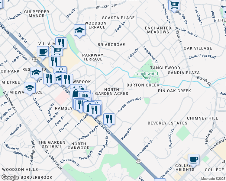 map of restaurants, bars, coffee shops, grocery stores, and more near 1011 Edgewood Drive in Bryan