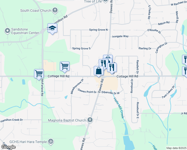 map of restaurants, bars, coffee shops, grocery stores, and more near 2445 Bobwhite Trail in Mobile