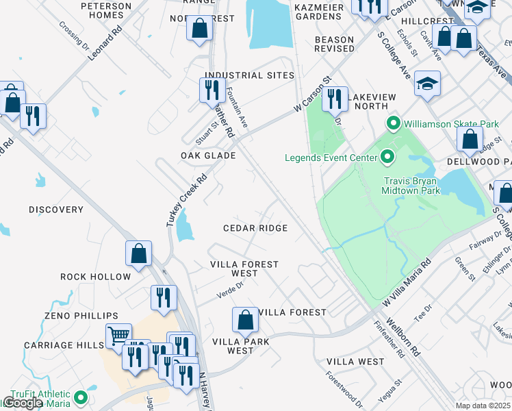 map of restaurants, bars, coffee shops, grocery stores, and more near 2701 Poplar Circle in Bryan