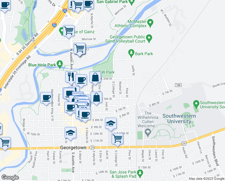map of restaurants, bars, coffee shops, grocery stores, and more near 312 South College Street in Georgetown