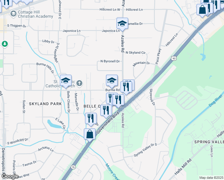map of restaurants, bars, coffee shops, grocery stores, and more near 3980 Burma Road in Mobile
