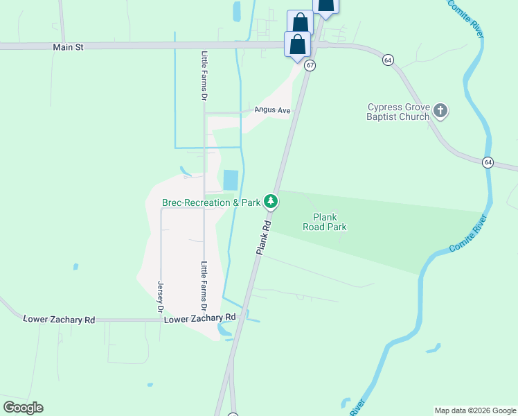 map of restaurants, bars, coffee shops, grocery stores, and more near 19533 Plank Road in Zachary